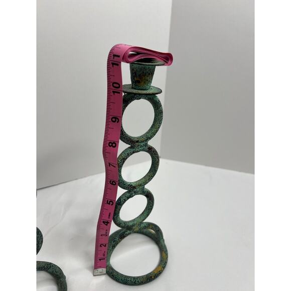 Set of 2 Green Tone Cast Iron Candle Holders, Unique Style! - Picture 6 of 7
